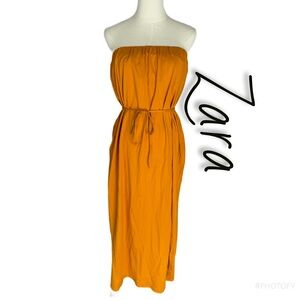 ZARA‎ Mustard Yellow Strapless Midi Dress | Size M
